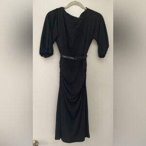 David Meister Black Ruche Knee Length Dress 3/4 Sleeve